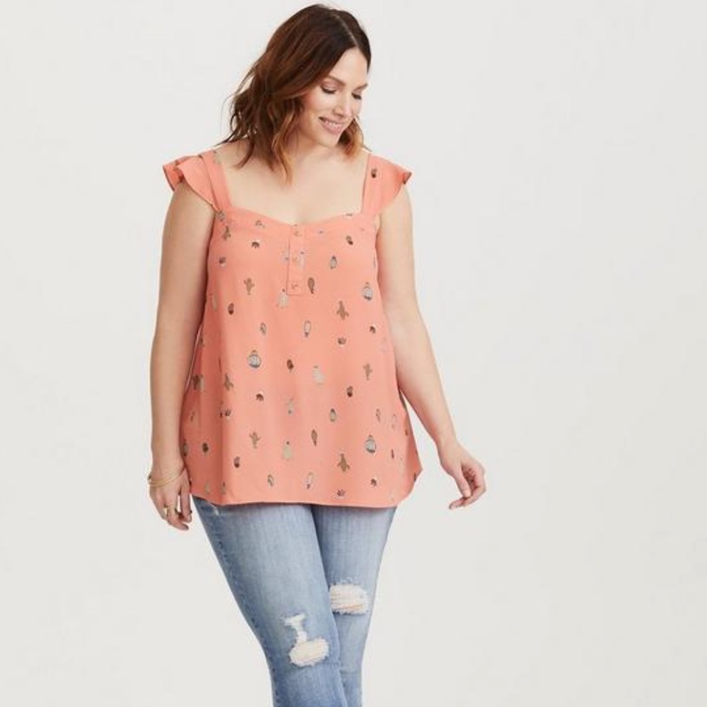 Torrid Coral Peach Cactus Print Ruffle Crepe Tank Top Blouse Size 2 (18/20)
